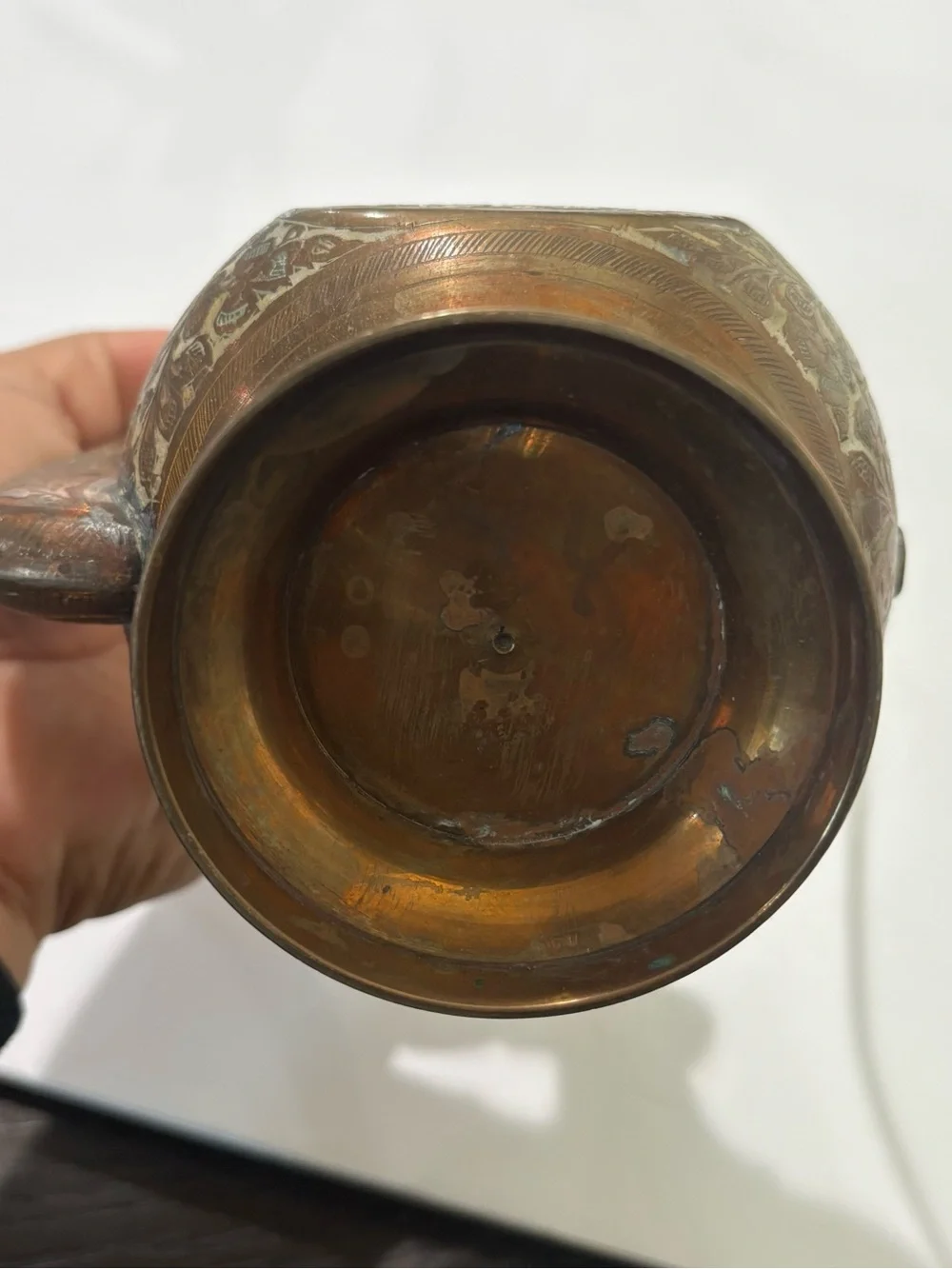 Vintage Indian Solid Brass Ewer Tea/ Water Pot Pitcher Etched Enamel Aftaba